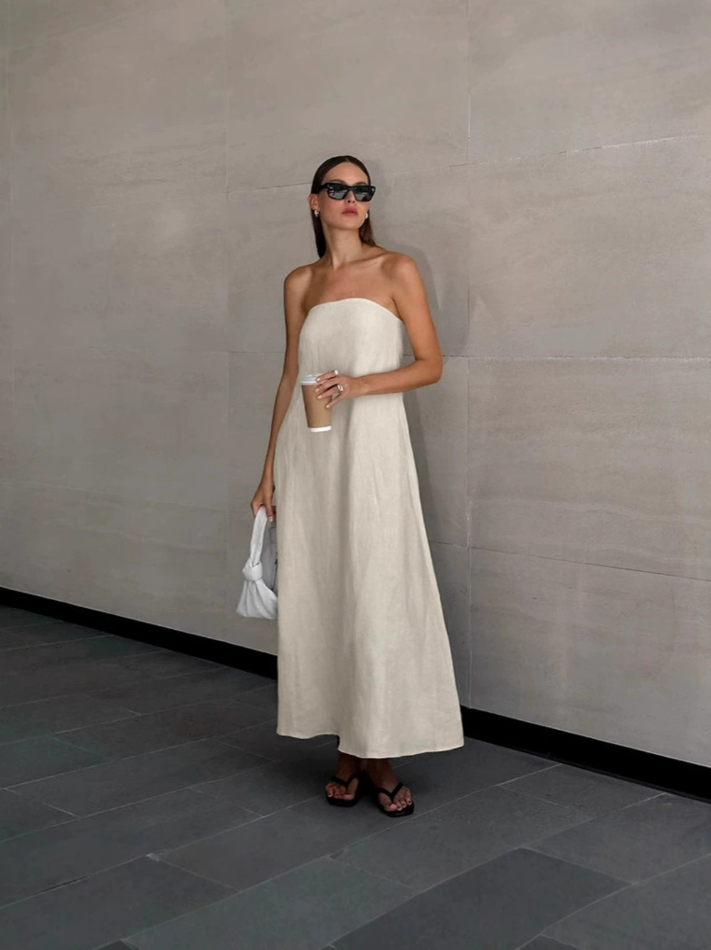 Zara Khaki Ramie Cotton Linen Strapless A-Line Autumn Vacation Dress